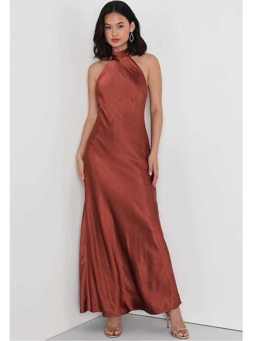 Lulus Love In Your Life Rust Brown Satin Halter Back Slit Backless Maxi Dress
